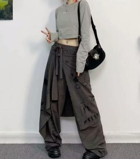 柄 パンツ 女の子向け不規則重ね着風ワイドパンツ