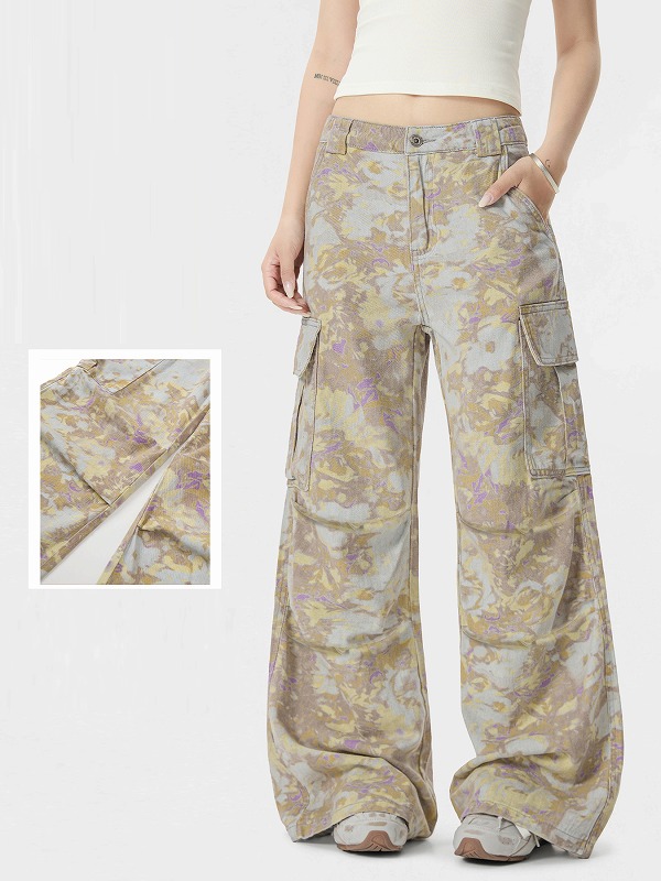 柄 パンツ 迷彩柄ワイドカーゴパンツ男女兼用ストリート