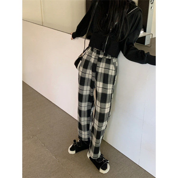 柄 パンツ 伸縮性抜群チェック柄ワイドパンツ女性用暖か厚手
