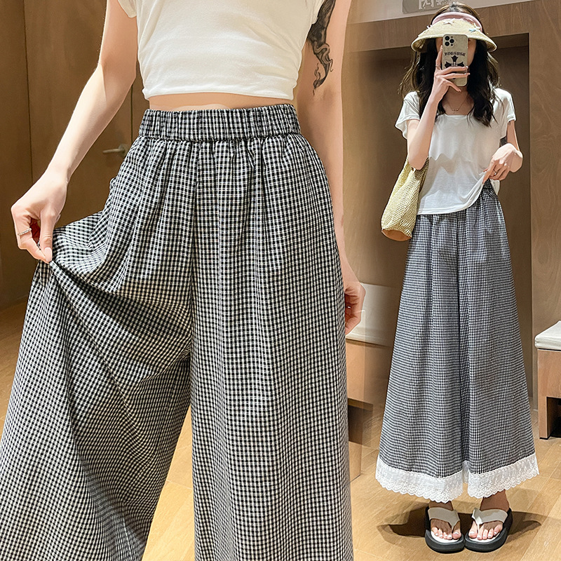 柄 パンツ レース裾ギンガムチェックワイドパンツ