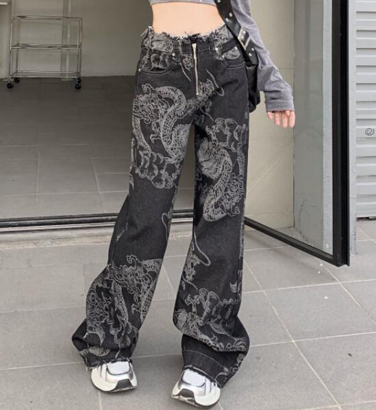 柄 パンツ 龍柄デニムハイウェストワイドパンツ
