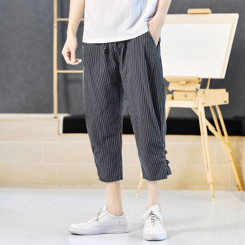 柄 パンツ 細線裾リボン七分丈バルーンパンツ
