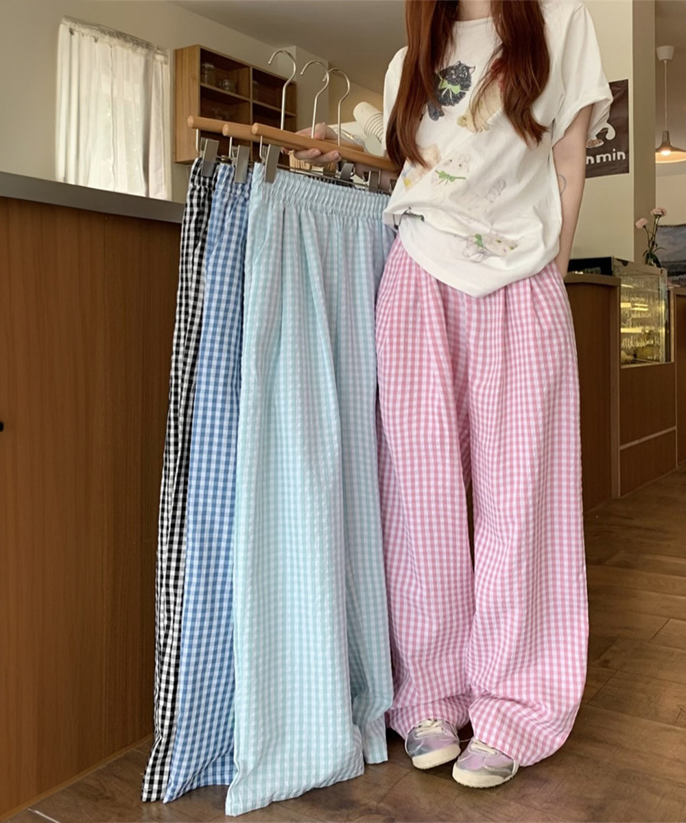 柄 パンツ ギンガムチェック柄ワイドパンツ ハイウエスト薄手