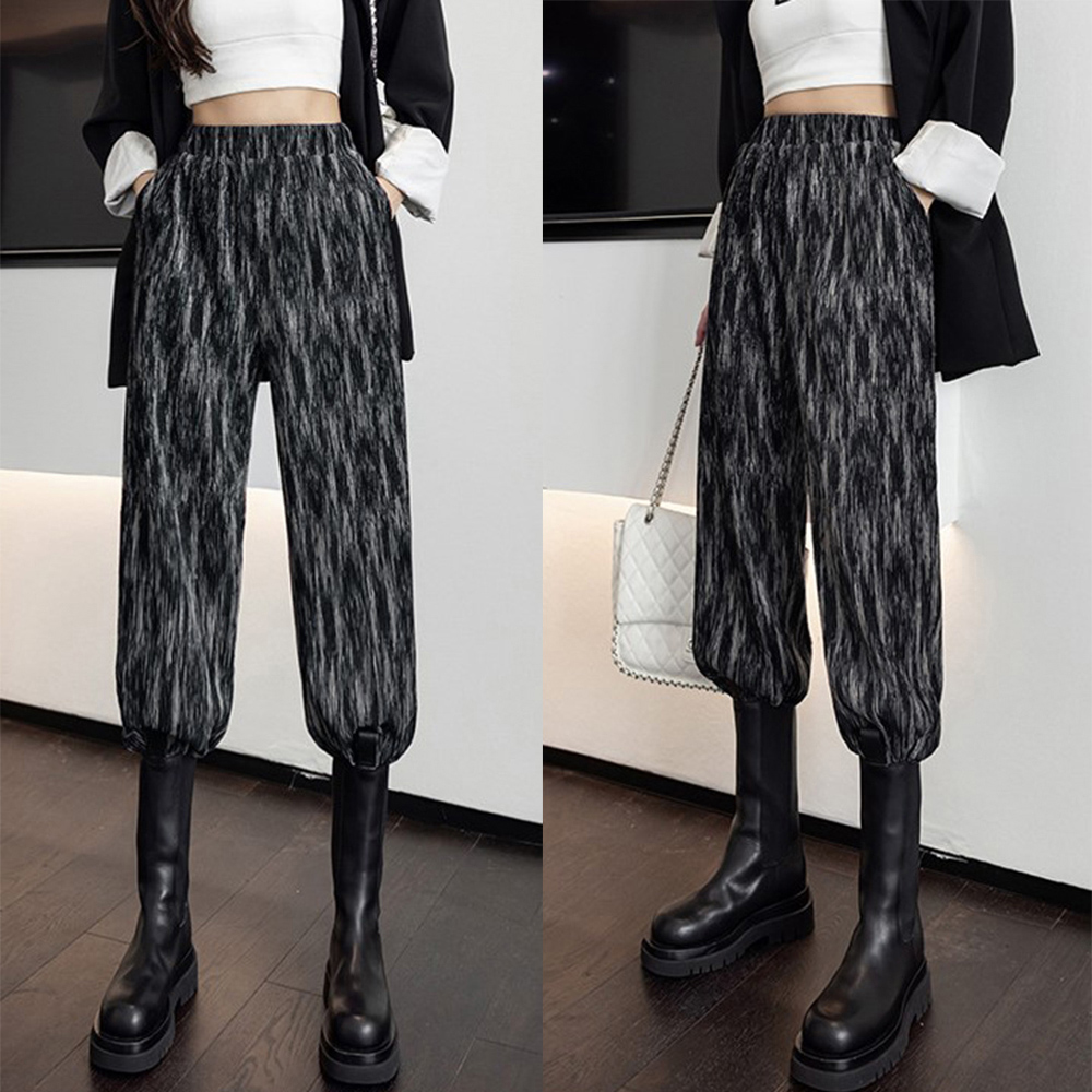 柄 パンツ ヒョウ柄プリーツワイドパンツ レディース