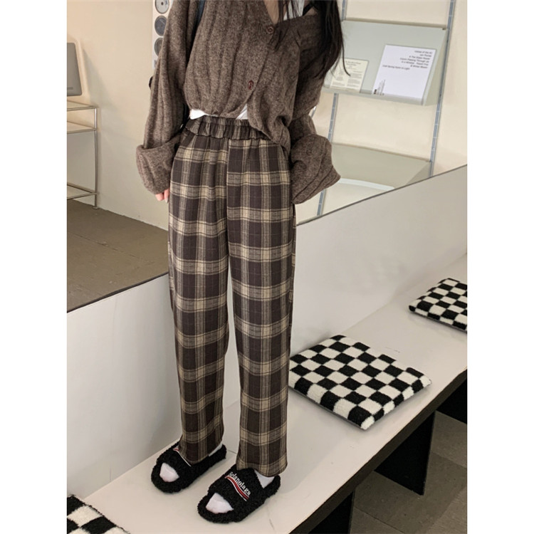 柄 パンツ 伸縮性抜群チェック柄ワイドパンツ女性用暖か厚手