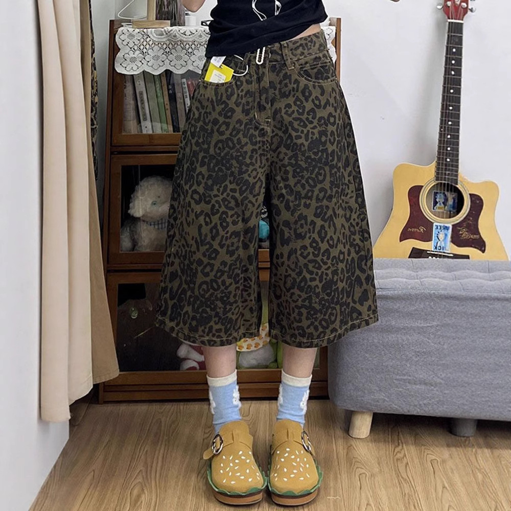 柄 パンツ ヒョウ柄ワイドシルエット七分丈デニムパンツ