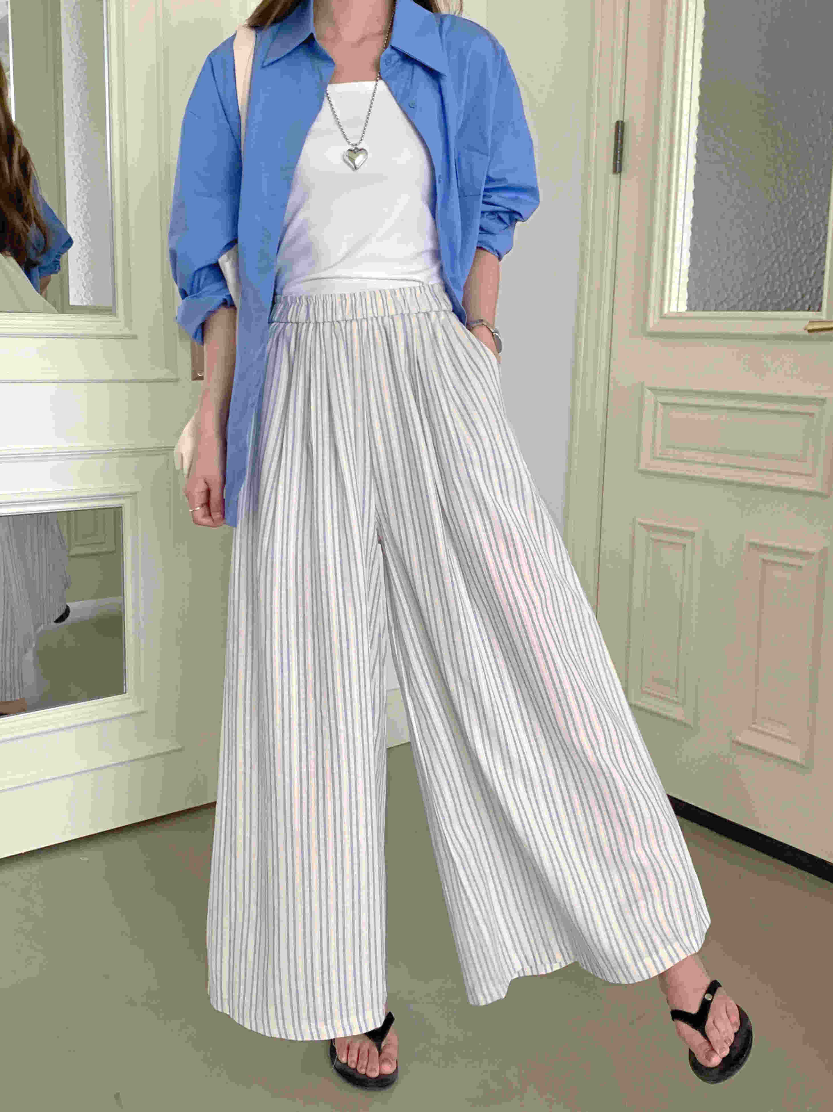 柄 パンツ 韓国風ストライプ柄ゆったりワイドパンツ