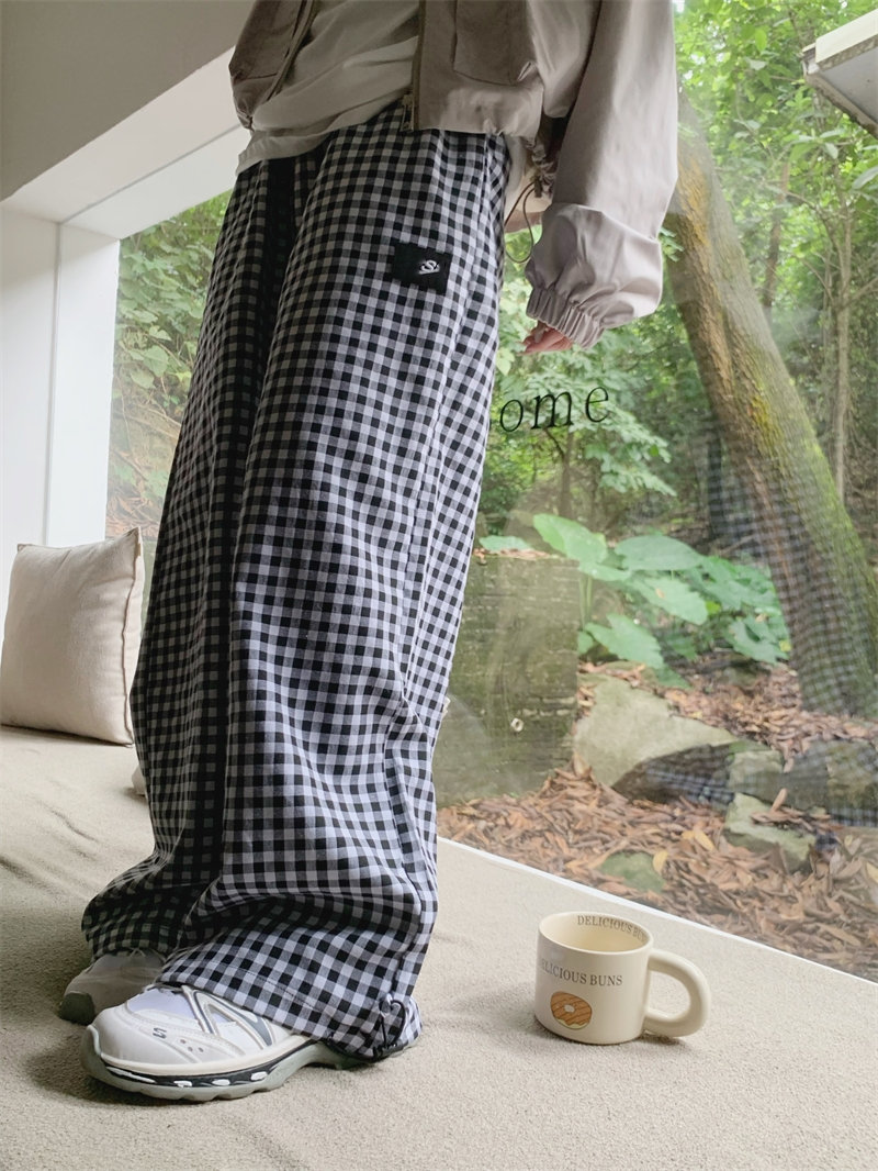 柄 パンツ ゆったりチェック柄ロングパンツ韓国風ワイドチノ