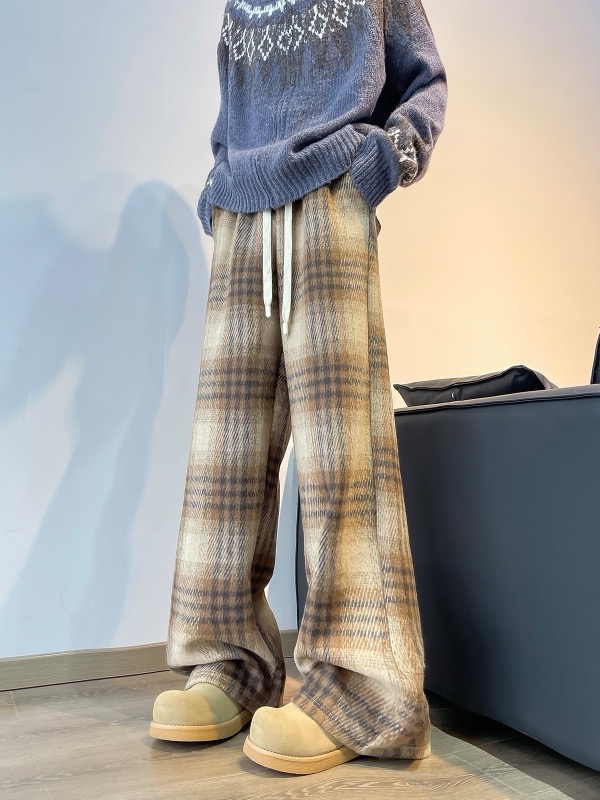 メンズ ウール風 チェック格子柄 パンツ