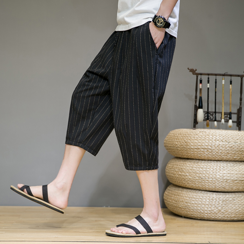 柄 パンツ 涼やか七分丈ストライプワイドパンツ