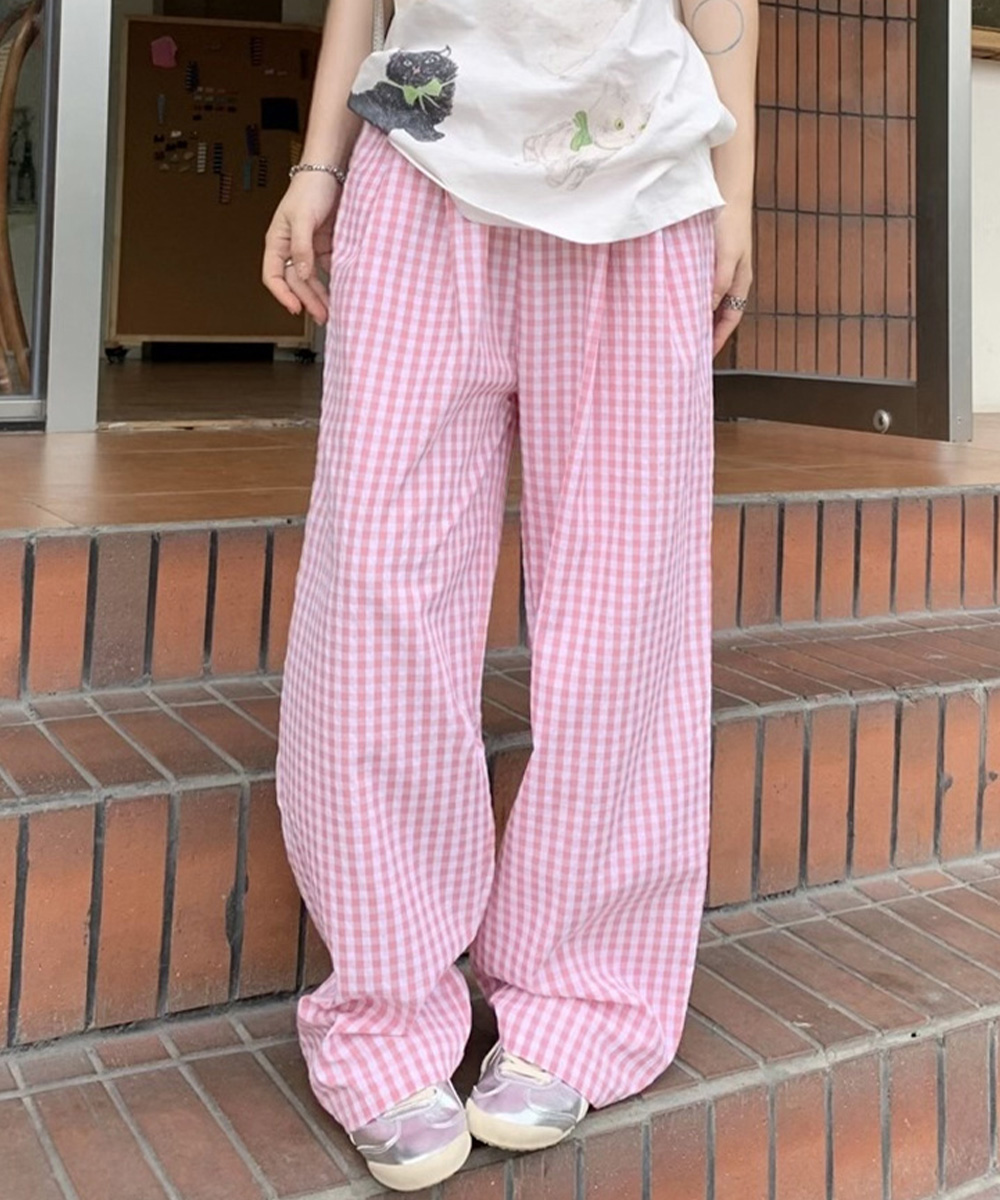 柄 パンツ ギンガムチェック柄ワイドパンツ ハイウエスト薄手