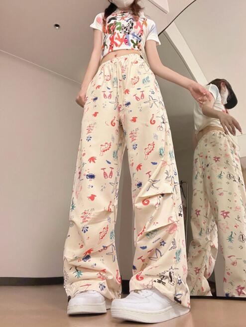 柄 パンツ 花柄プリントカーゴパンツ レディース ワイドボトムス