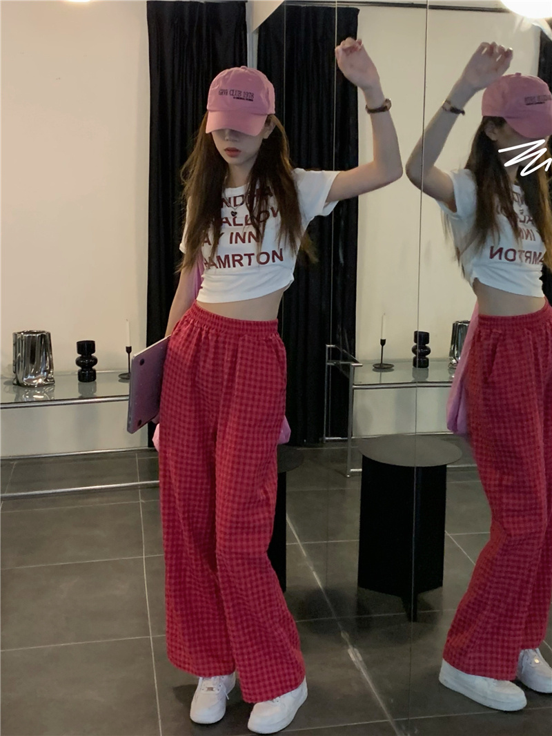 柄 パンツ チェック柄ハイウエストワイドパンツ