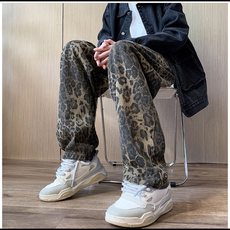 柄 パンツ 豹柄デニムパンツ ワイドストレート メンズ ボトムス
