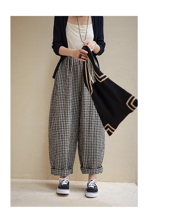 柄 パンツ ギンガムチェック柄ワイドパンツ ウエストゴム