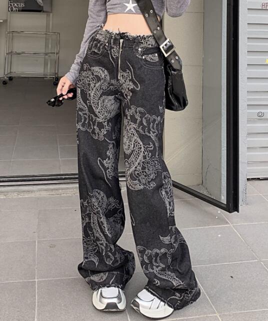柄 パンツ 龍柄デニムハイウェストワイドパンツ