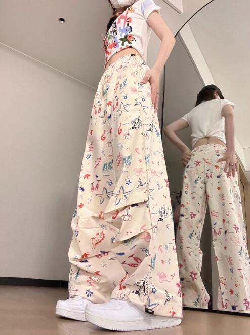 柄 パンツ 花柄プリントカーゴパンツ レディース ワイドボトムス