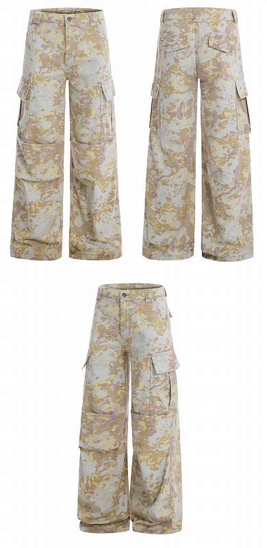 柄 パンツ 迷彩柄ワイドカーゴパンツ男女兼用ストリート