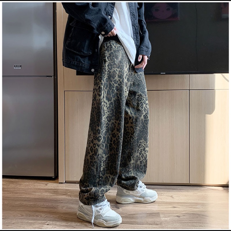 柄 パンツ 豹柄デニムパンツ ワイドストレート メンズ ボトムス