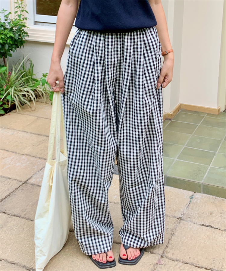 柄 パンツ 春夏ゆったりワイド チェック柄パンツ ゴムウエスト
