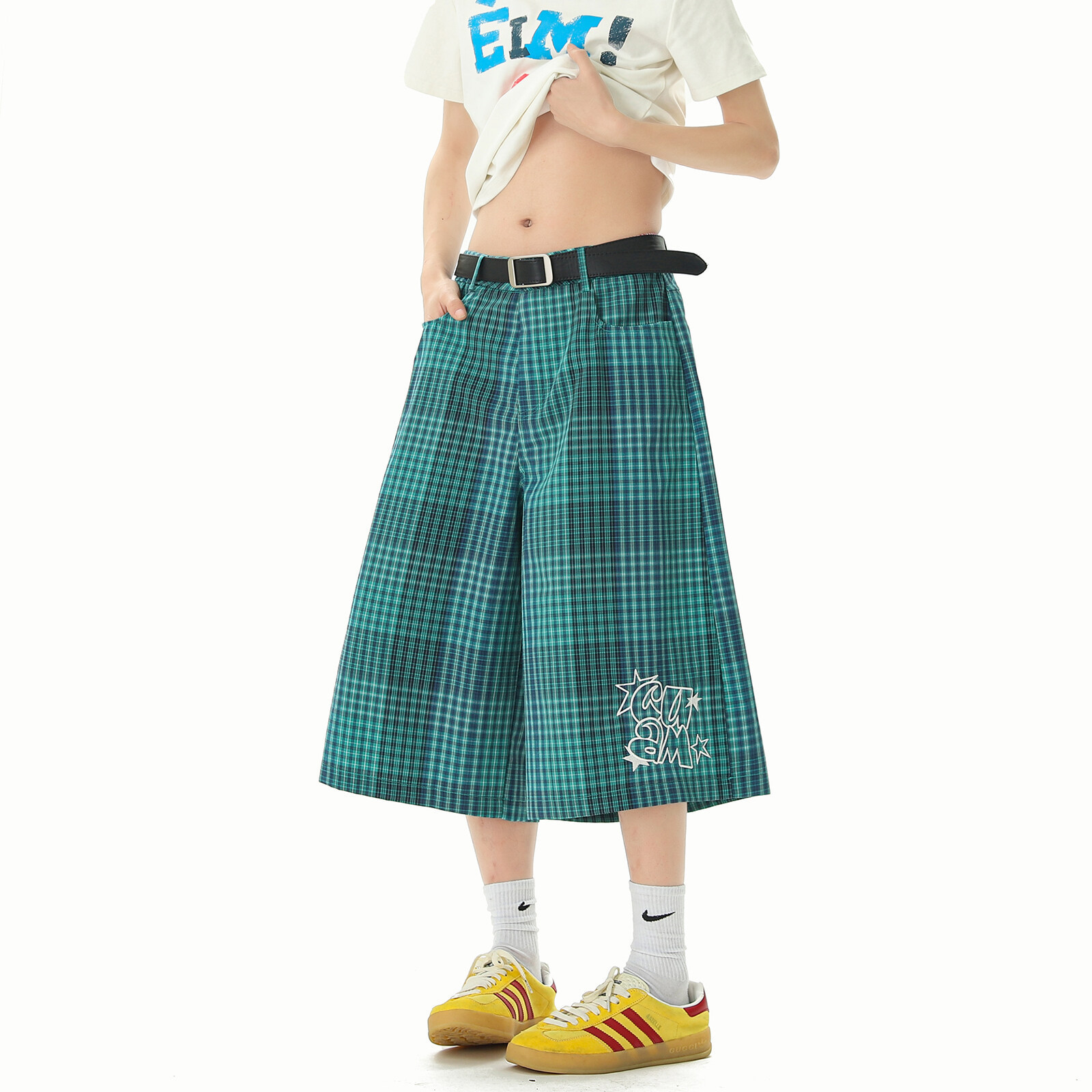 柄 パンツ チェック柄ワイドシルエット七分丈パンツ