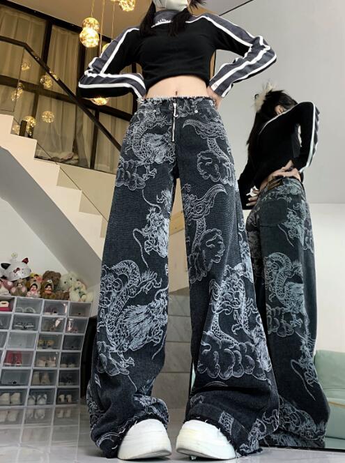 柄 パンツ 龍柄ワイドデニムパンツ レディース ユニセックス