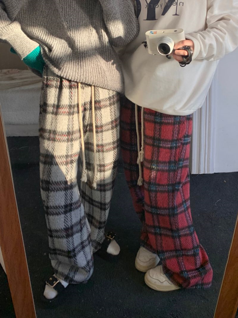 柄 パンツ 韓国風レトロチェック柄ゆったりカジュアルパンツ