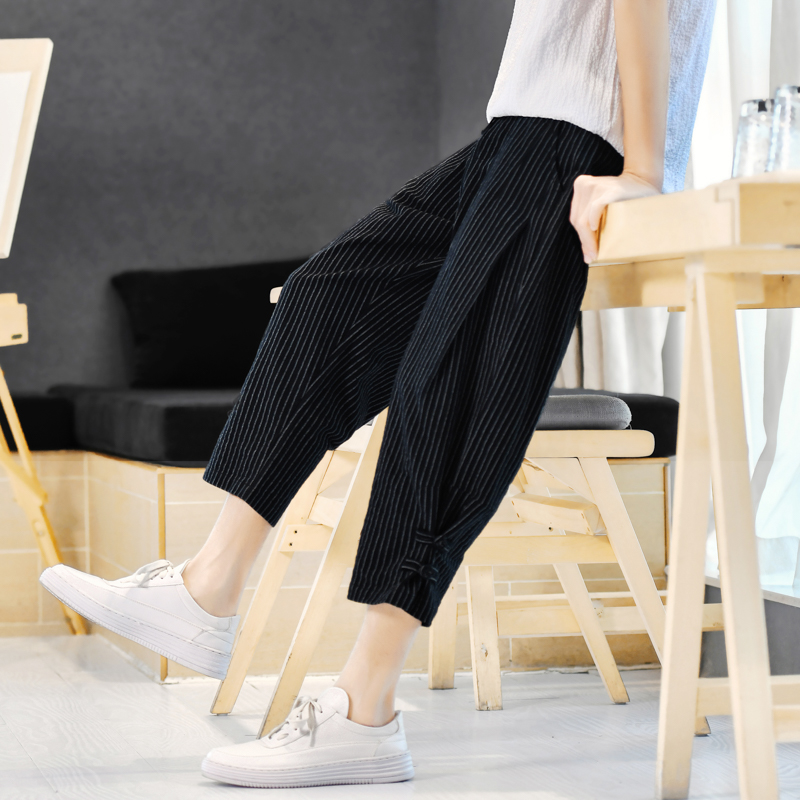 柄 パンツ 細線裾リボン七分丈バルーンパンツ