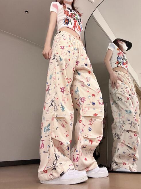 柄 パンツ 花柄プリントカーゴパンツ レディース ワイドボトムス