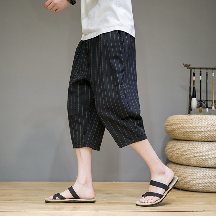柄 パンツ 涼やか七分丈ストライプワイドパンツ