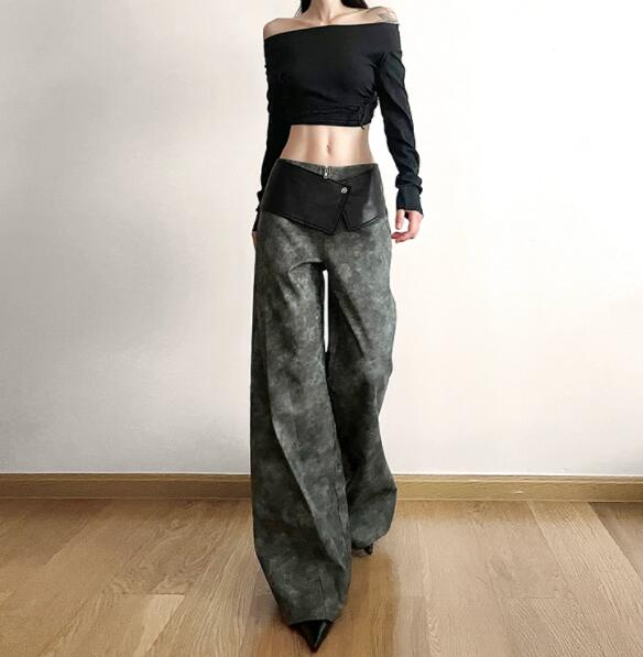 柄 パンツ 迷彩柄ハイウェストワイドパンツ合成革