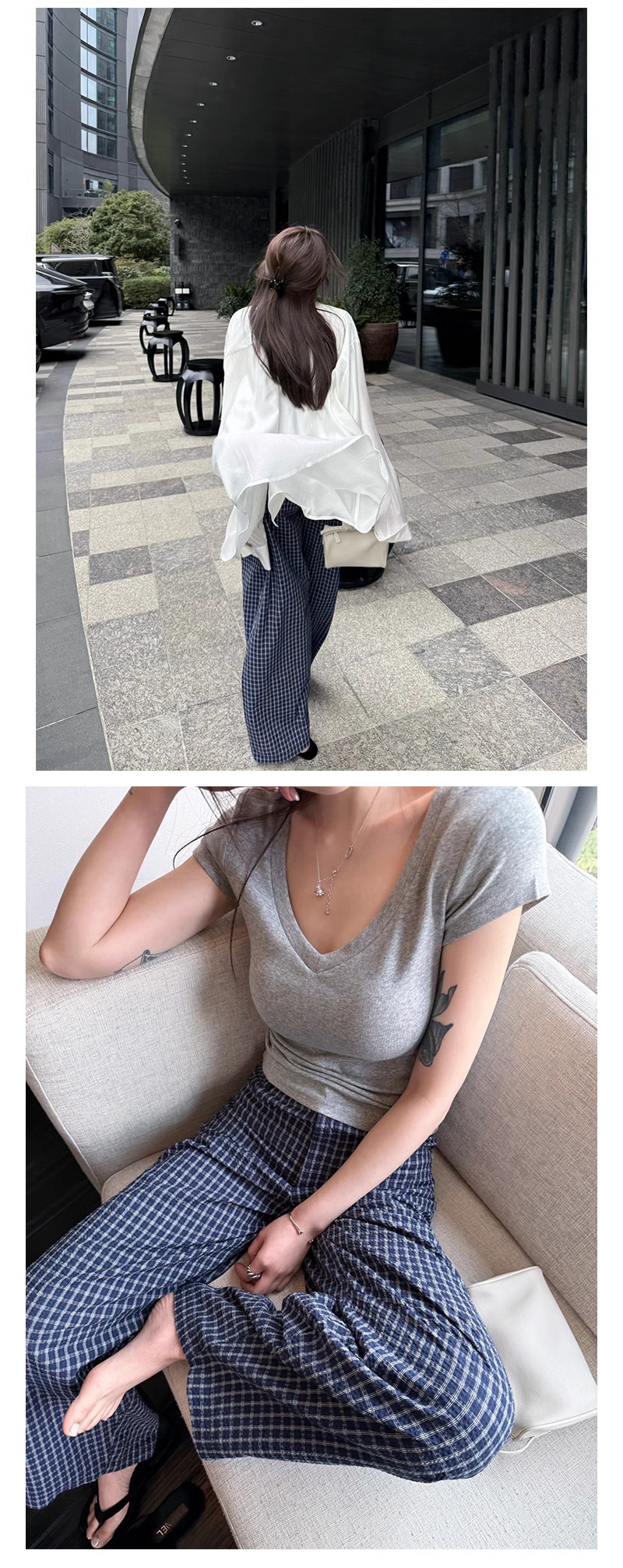 柄 パンツ クラシック格子柄ワイドパンツ
