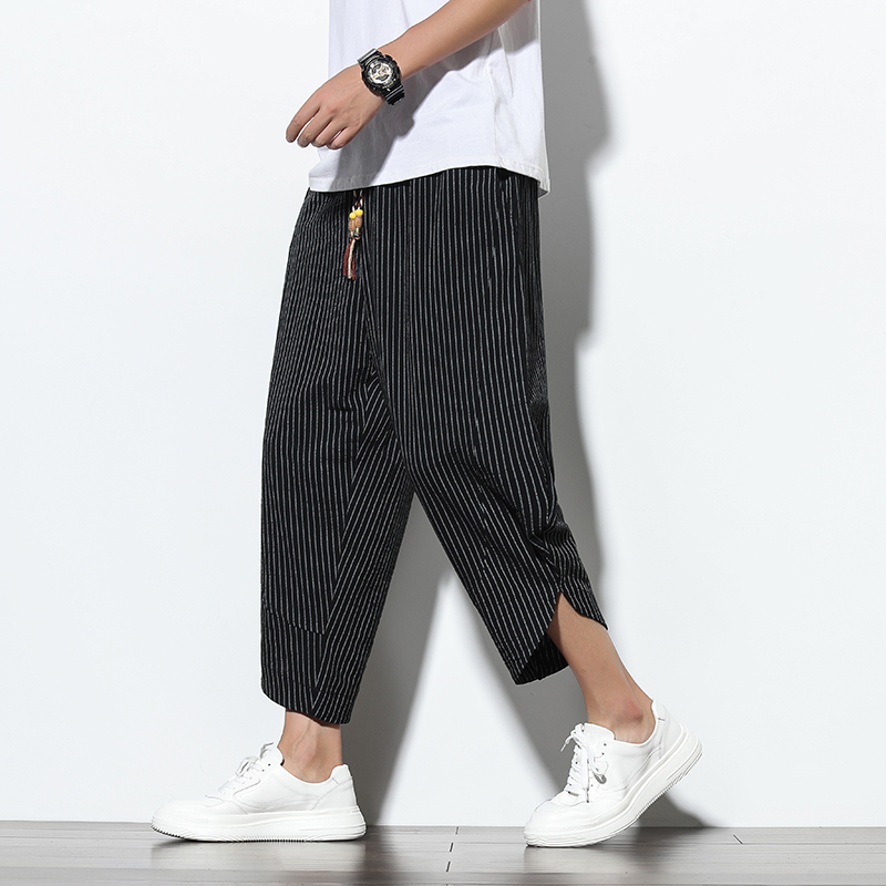 柄 パンツ 細縞サイドスリット七分丈パンツ