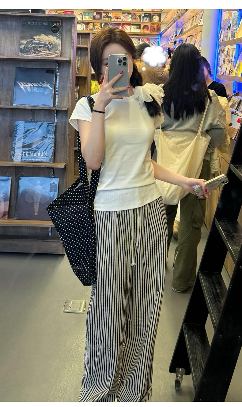 柄 パンツ 涼やか縦縞ワイドパンツ