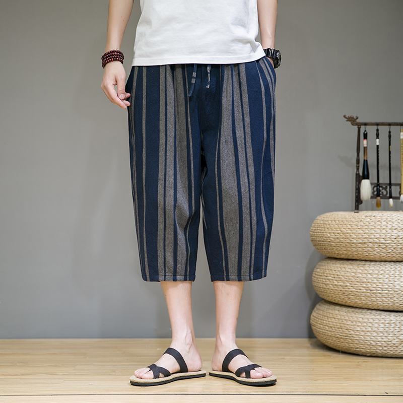 柄 パンツ 縦縞ゆったりクロップドパンツ