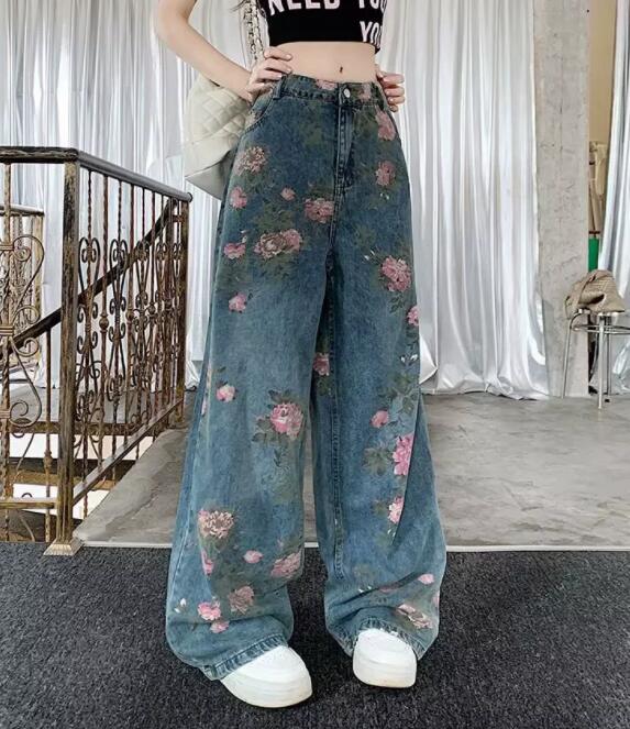 柄 パンツ 花柄プリントワイドデニムパンツ