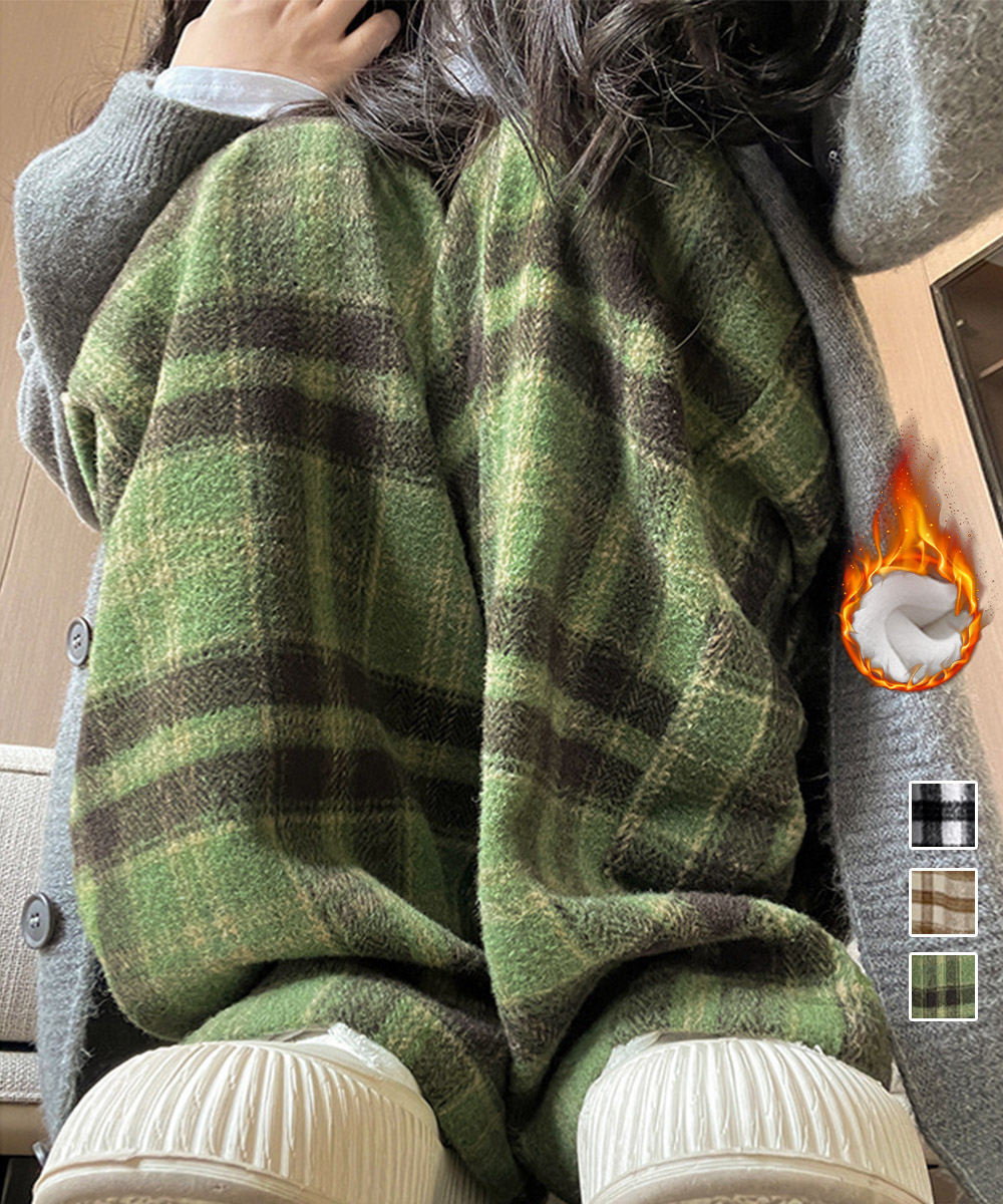 柄 パンツ チェック柄パンツ裏起毛ハイウエストワイドパンツ