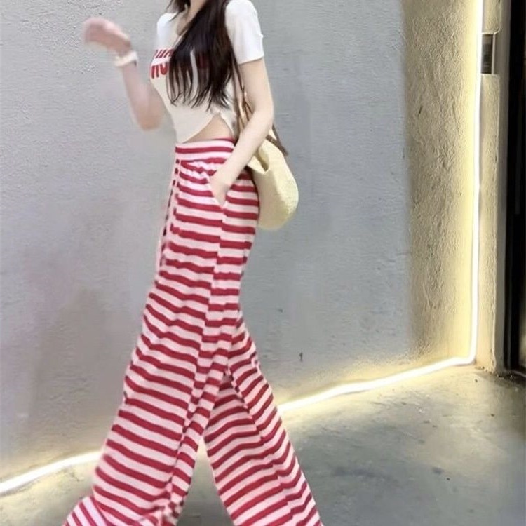 ボーダー柄ワイドシルエット総柄パンツ