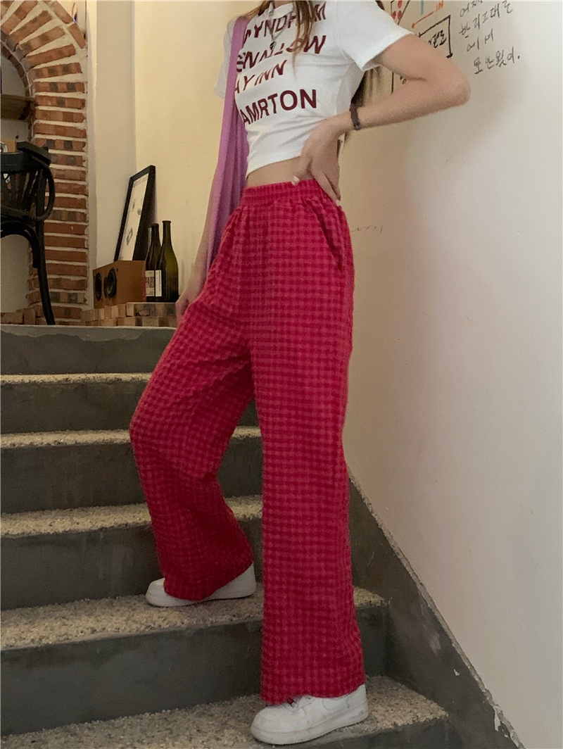 柄 パンツ チェック柄ハイウエストワイドパンツ