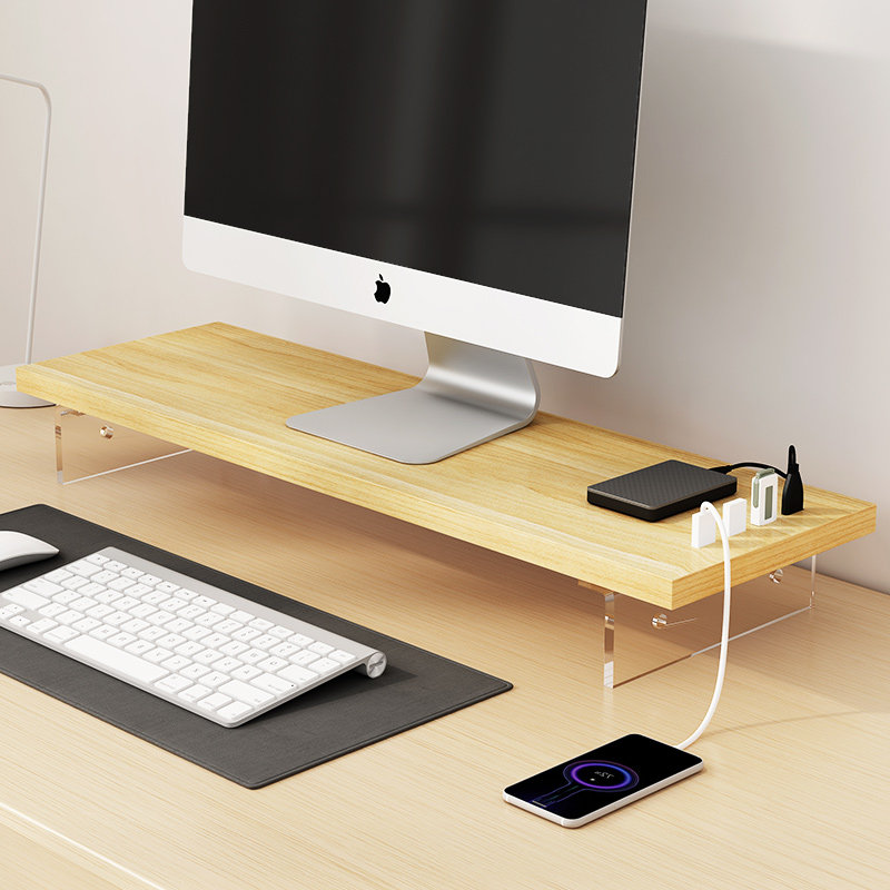 パソコンスタンド 木製天板と透明脚のデスクトップ用モニター台