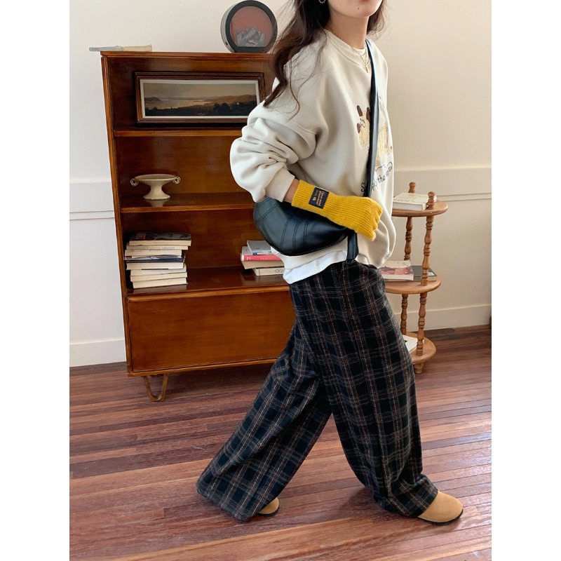 チェックパンツ ウエストゴム タータン ゆったりワイドパンツ
