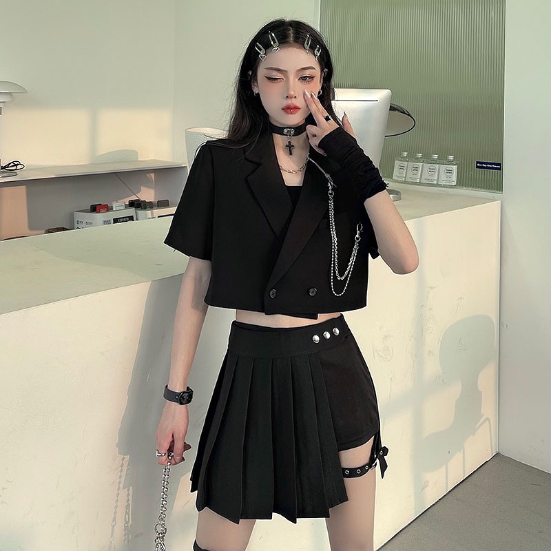 プリーツペチコートキュロット黒レザーベルト付き