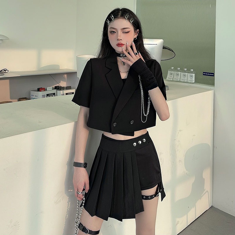 プリーツペチコートキュロット黒レザーベルト付き