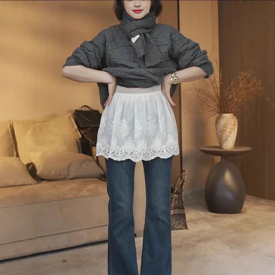 ペチコート 花柄刺繍レース裾ゴムウエストペチコートスカート