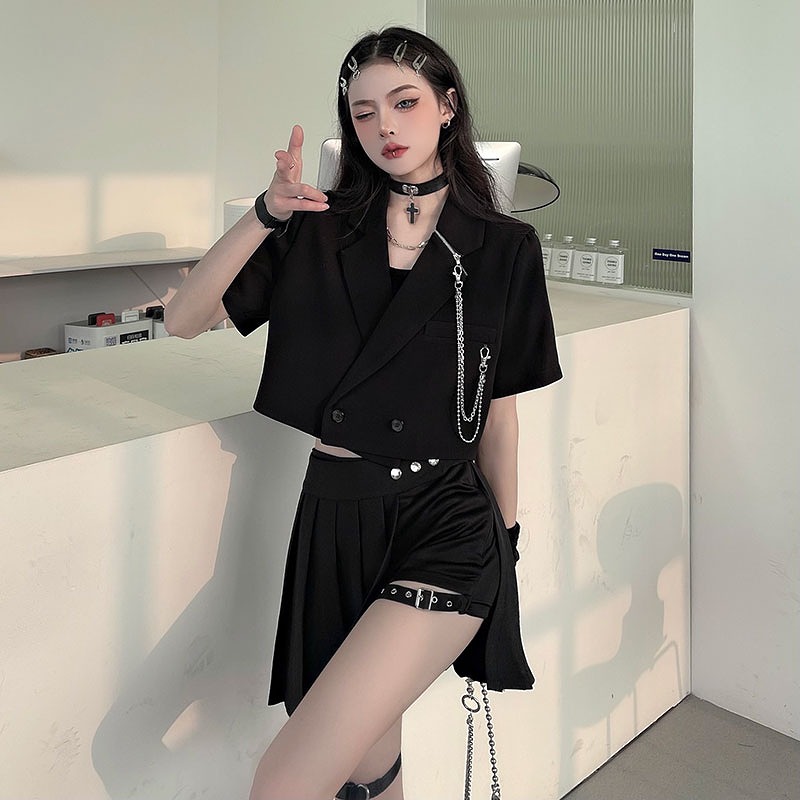 プリーツペチコートキュロット黒レザーベルト付き