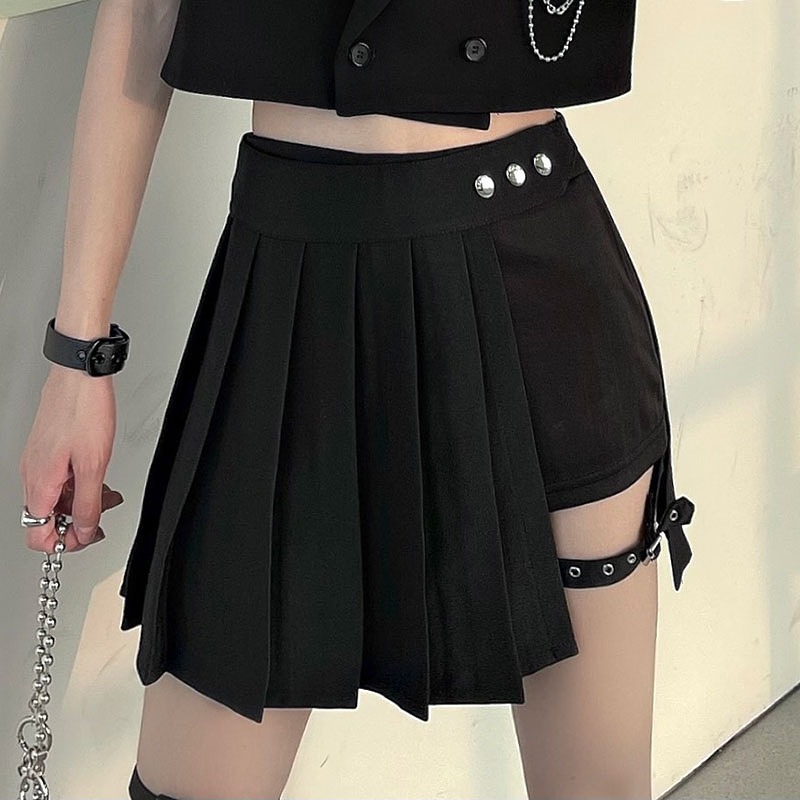 プリーツペチコートキュロット黒レザーベルト付き