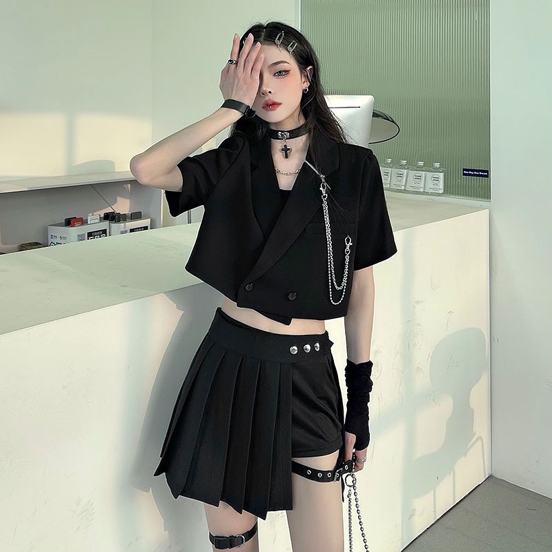 プリーツペチコートキュロット黒レザーベルト付き