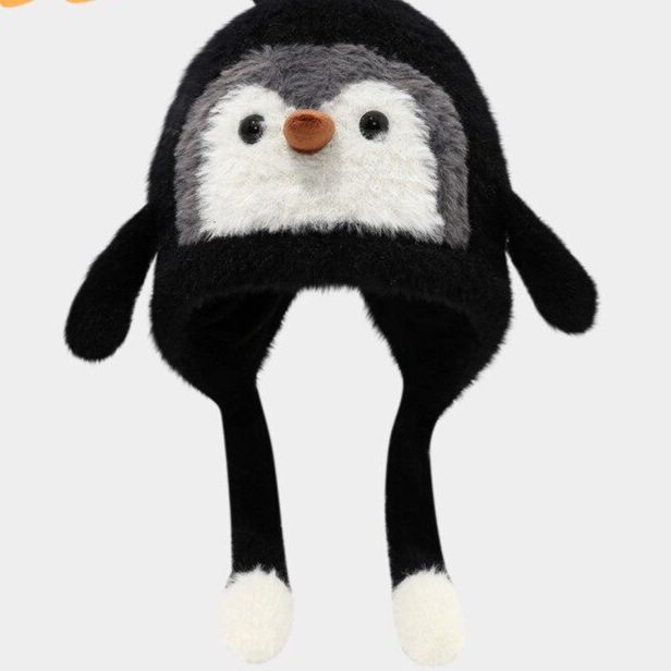 ペンギンもこもこ耳当て付き帽子