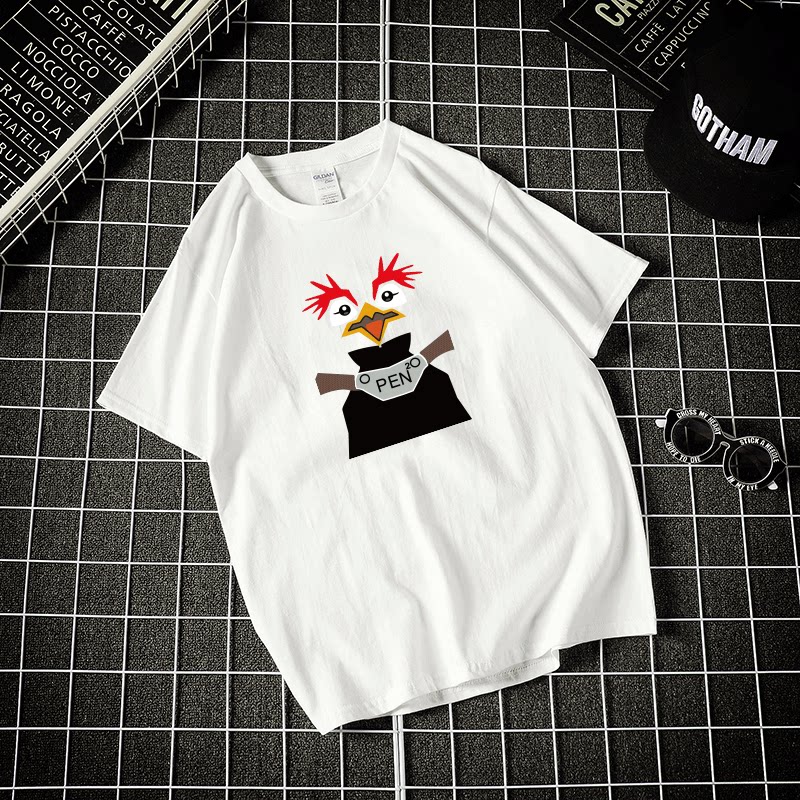 ペンギングッズ・ペンギンぬいぐるみ ロックンロールペンギンプリント半袖丸首上着