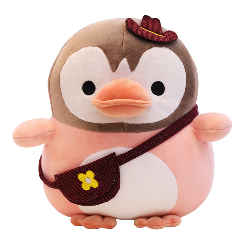 ペンギングッズ・ペンギンぬいぐるみ お花のポシェット付きペンギンぬいぐるみ